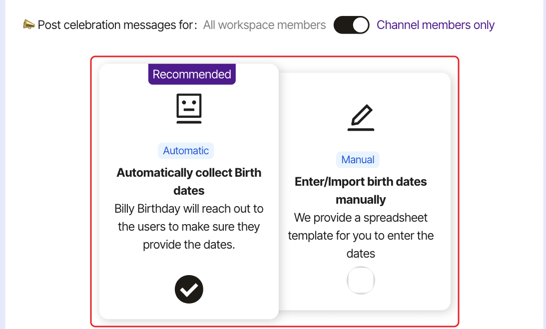 The Setup Billy Birthday page, with the Automatic and Manual date collection options highlighted