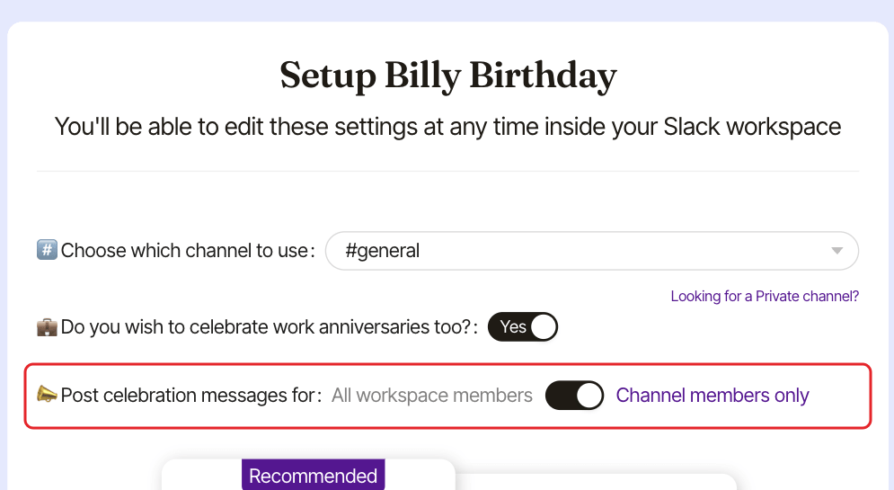 The Setup Billy Birthday page, with the Post celebration messages for switch highlighted