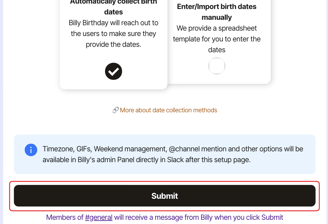 The Setup Billy Birthday page, with the Submit button highlighted