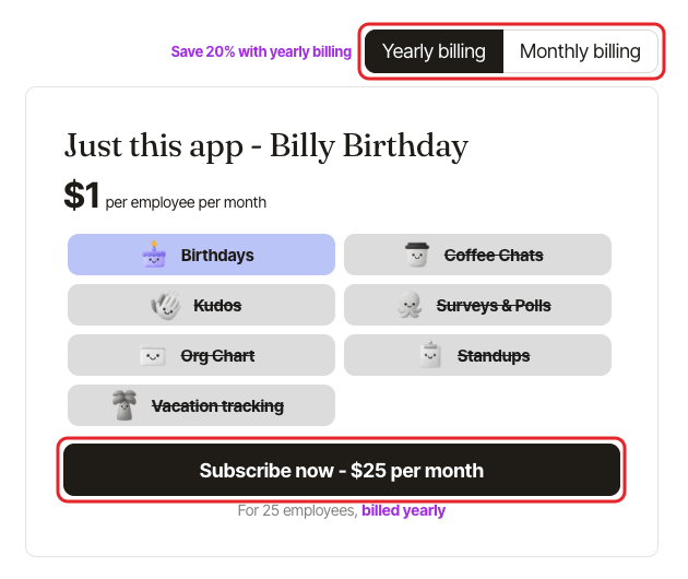 The BuddiesHR subscribe page for Billy, with the billing period switch and the Subscribe now button highlighted
