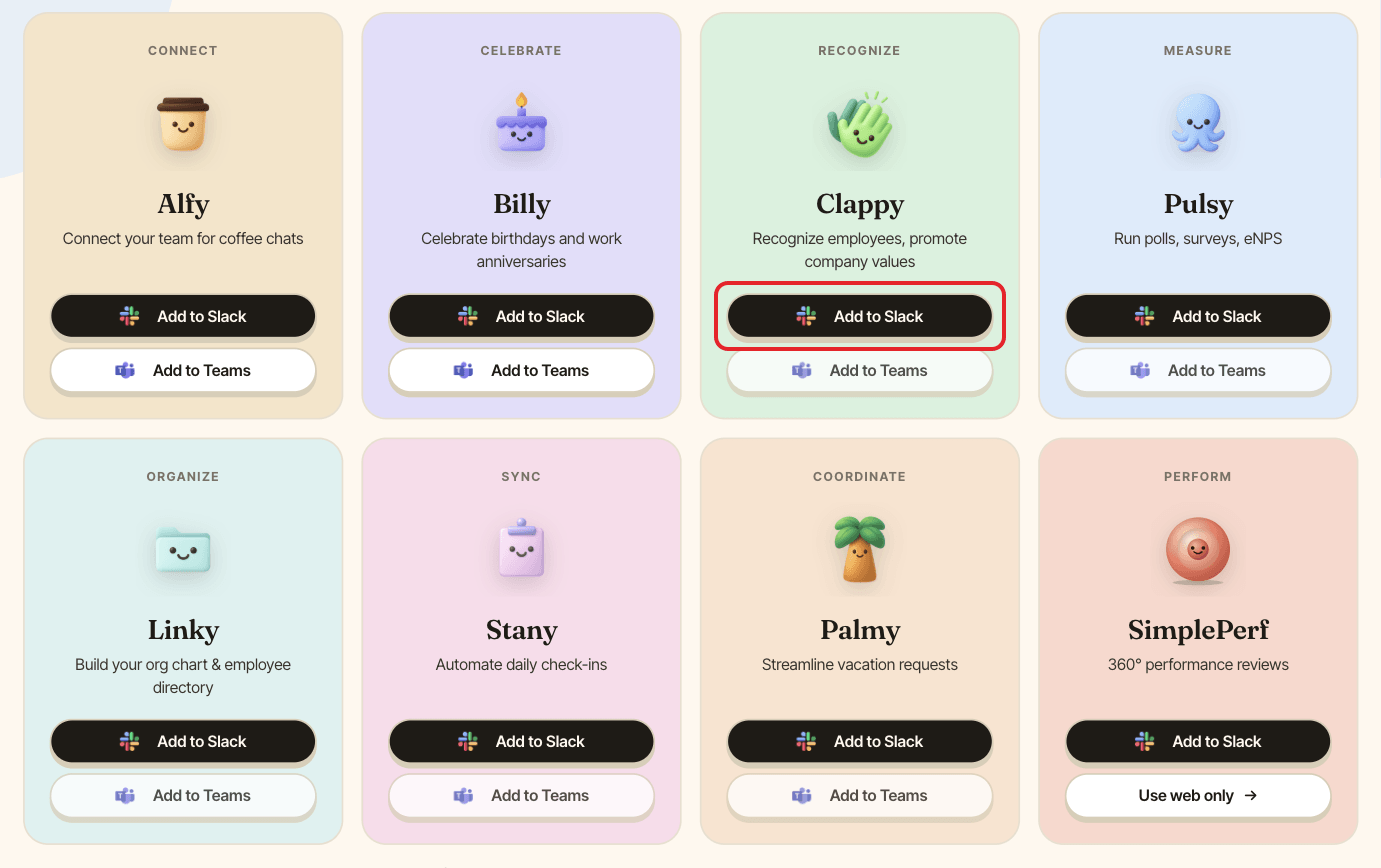 The BuddiesHR Get started page, with Clappy's Add to Slack button highlighted