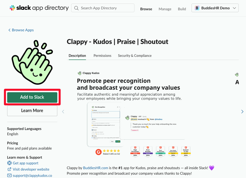 Clappy's listing in the Slack App Directory