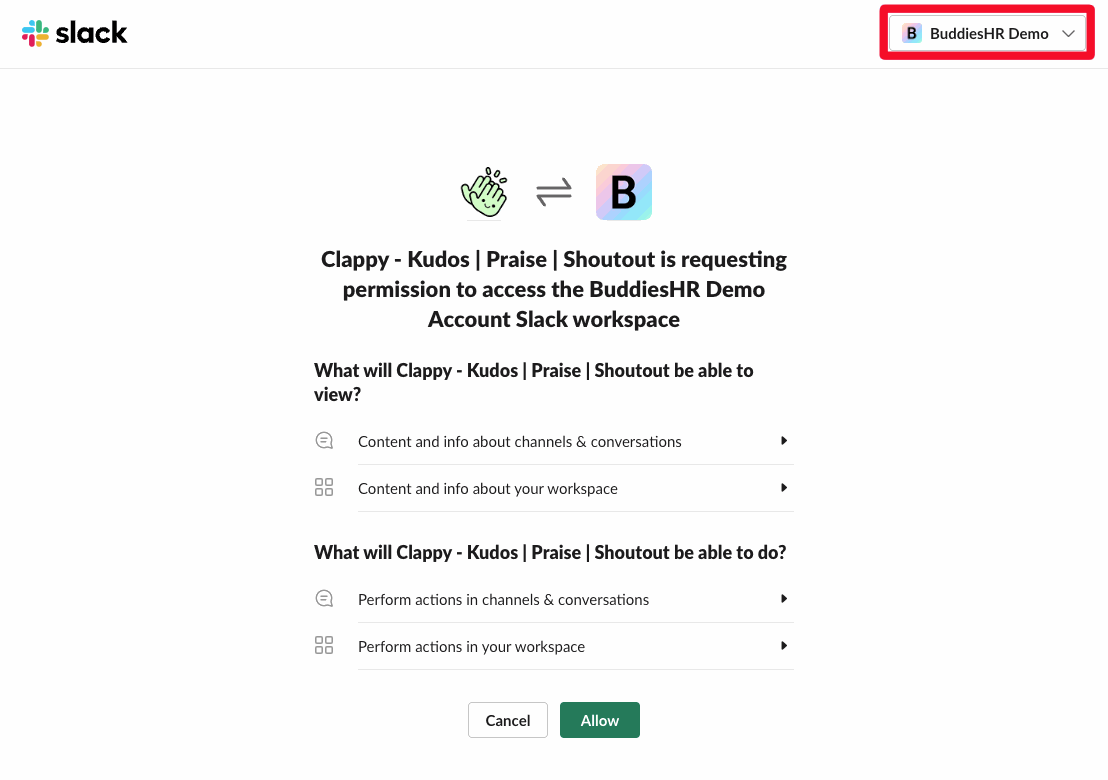 Slack's permission page, with the workspace selector highlighted