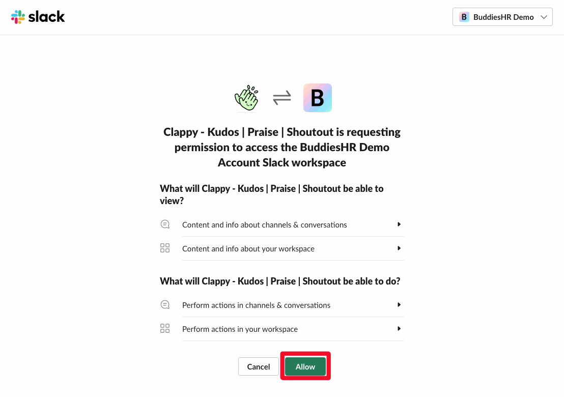 Slack's permission page for Clappy, with the Allow button