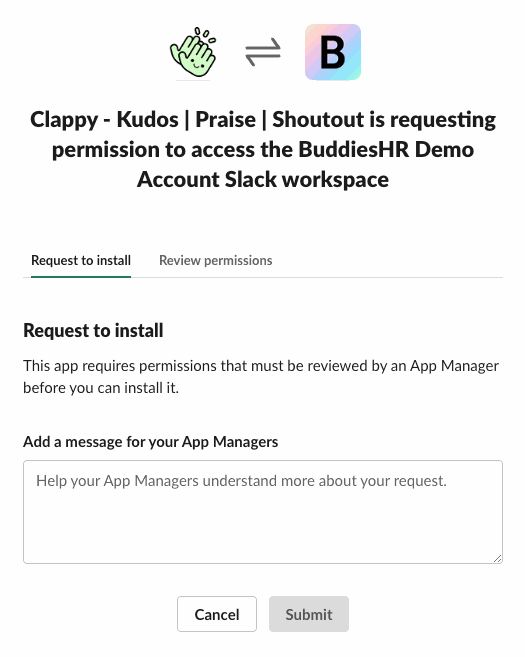 Slack's "Request to install" form for Clappy