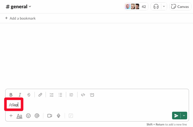 The /clap command typed in a Slack message box