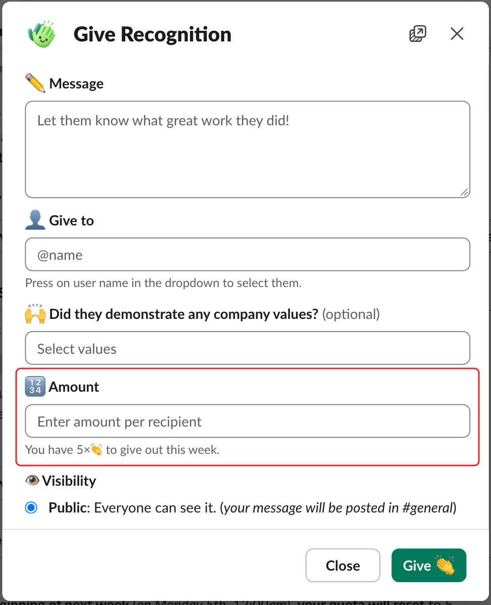 The Give Recognition window, with the Amount field and its hint highlighted