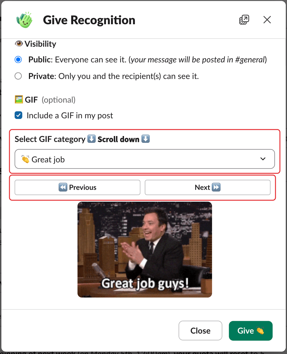 The Give Recognition window with a GIF category picked, with the category select and the Previous and Next buttons highlighted