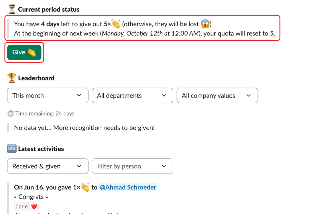 The Current period status section of Clappy's Home tab, with the claps left and the Give button highlighted