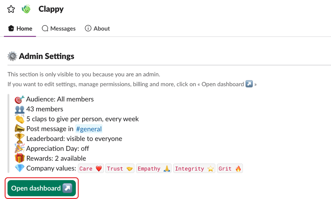Clappy's Home tab in Slack, with the Open dashboard button of the Admin Settings section highlighted