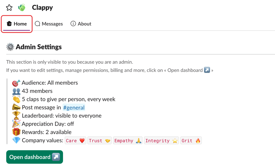 Clappy in Slack, with the Home tab highlighted