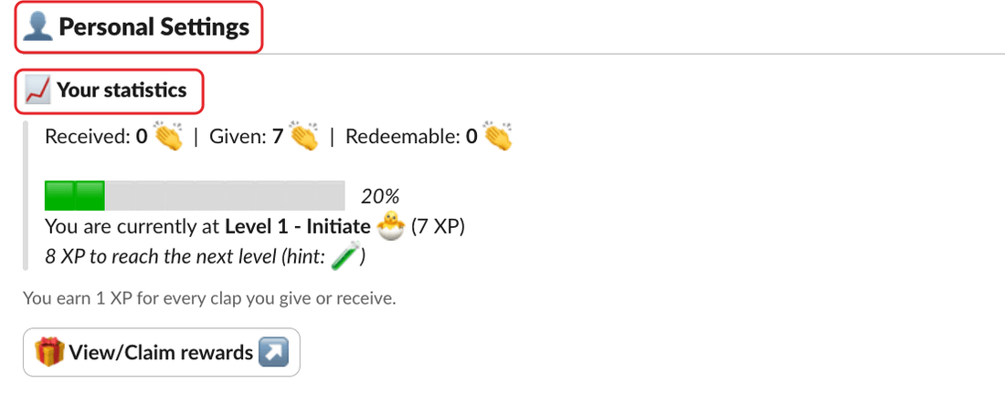 Clappy's Home tab in Slack, with the Personal Settings header and the Your statistics section highlighted