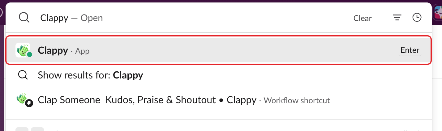 Slack search results for "Clappy", with Clappy (App) highlighted