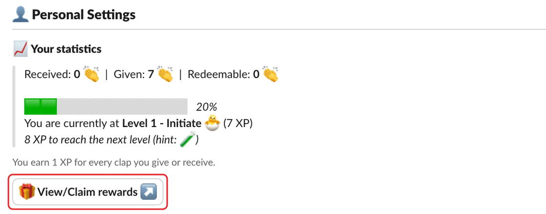 The Your statistics section of Clappy's Home tab, with the View/Claim rewards button highlighted