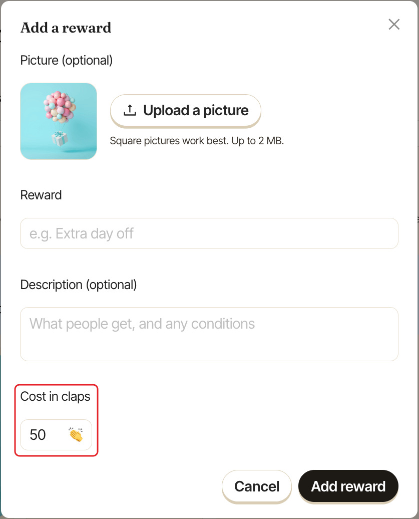 The Add a reward window, with the Cost in claps field highlighted