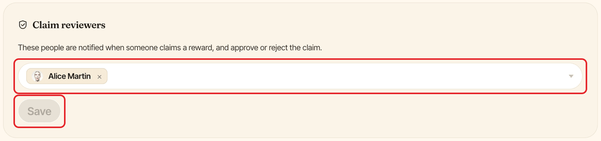 The Claim reviewers section, with the reviewers field and the Save button highlighted