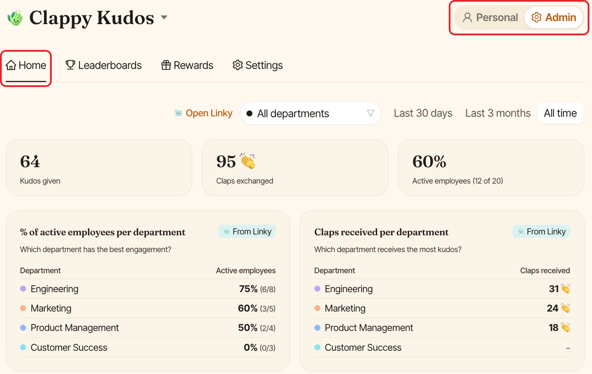 The admin Home tab of Clappy in the web dashboard, with the Admin switch and the Home tab highlighted
