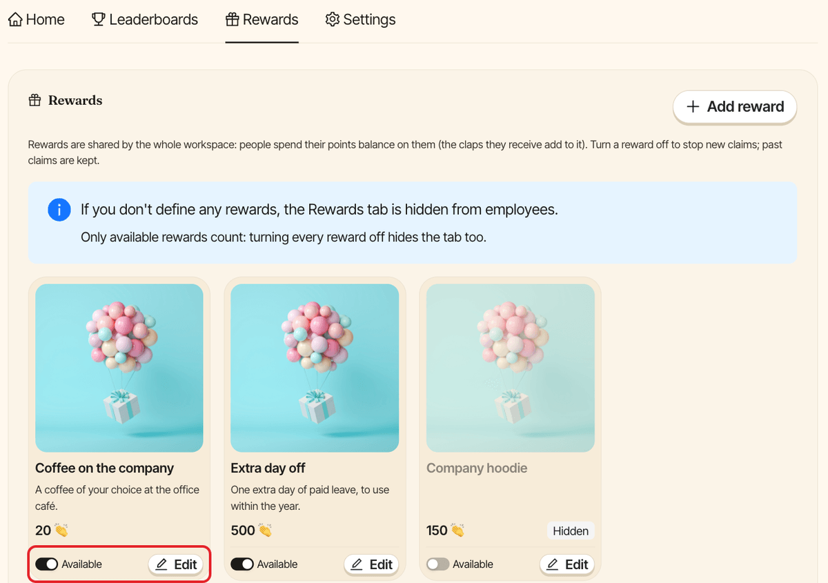 The admin Rewards tab of Clappy, with the Available switch and the Edit button of a reward highlighted