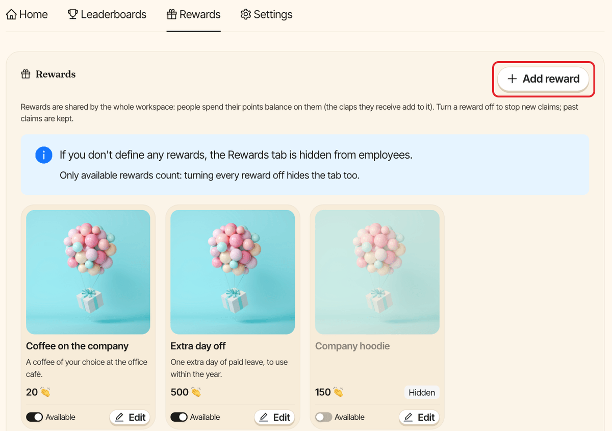The admin Rewards tab of Clappy, with the Add reward button highlighted