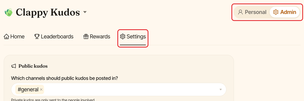 The Clappy page of the web dashboard, with the Admin switch and the Settings tab highlighted