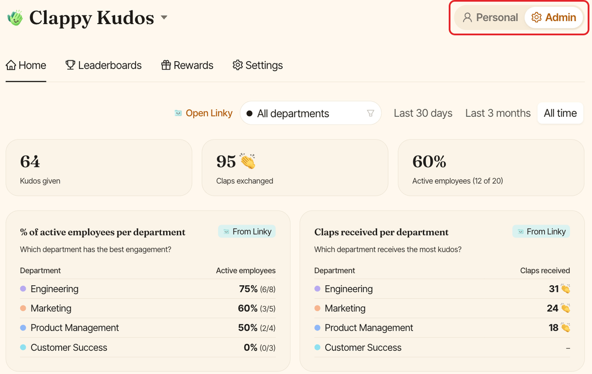 The Clappy page of the web dashboard, with the Personal and Admin switch highlighted