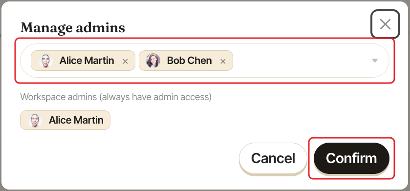 The Manage admins window, with the admins field and the Confirm button highlighted