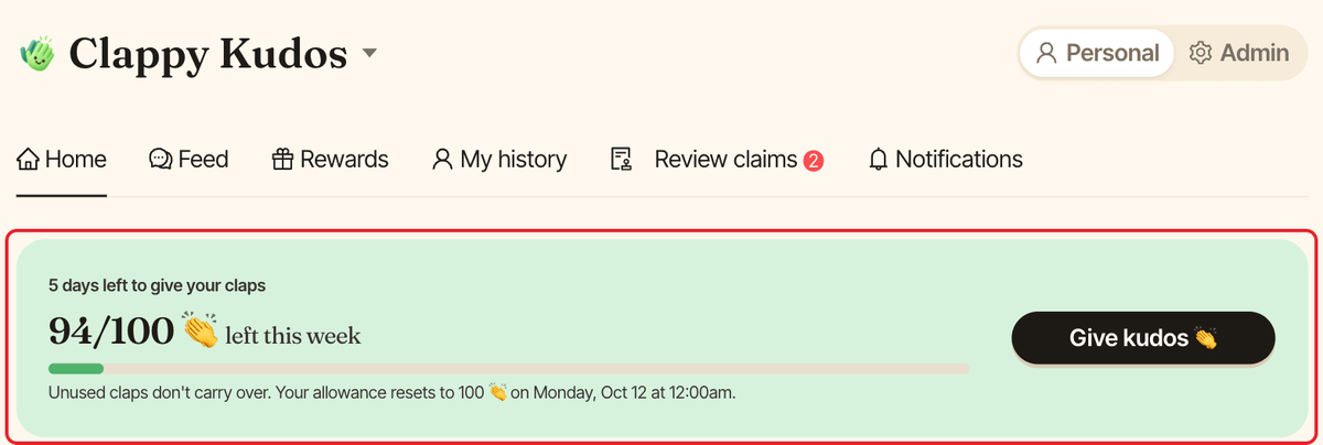 The personal Home tab of Clappy, with the claps left card and the Give kudos button highlighted