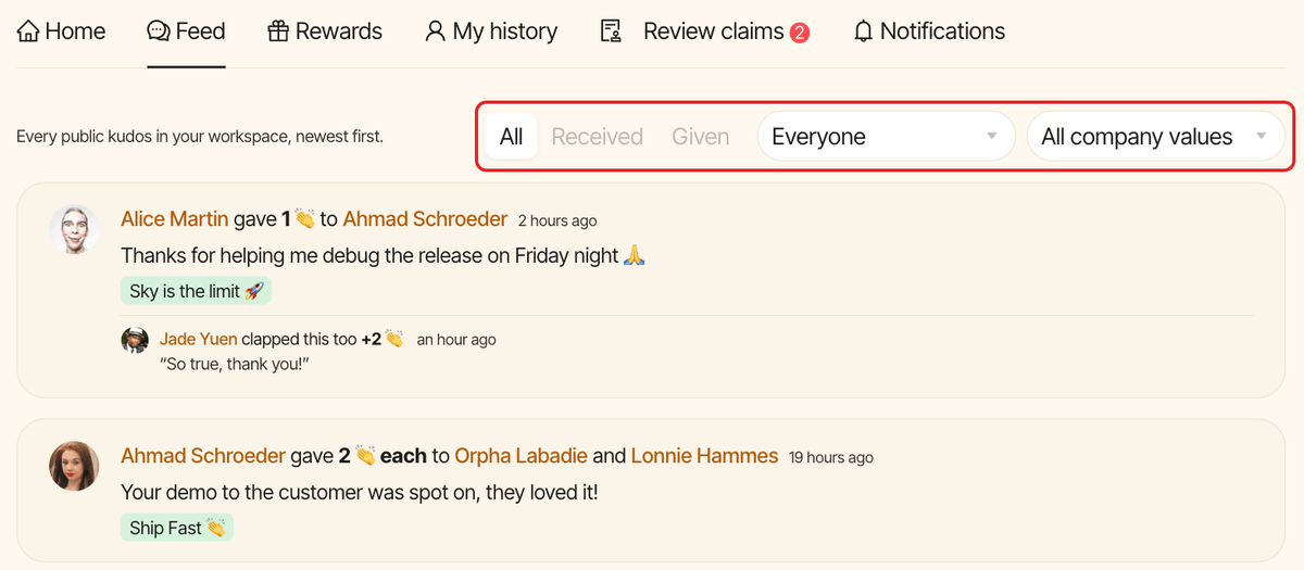 The personal Feed tab, with the feed filters highlighted