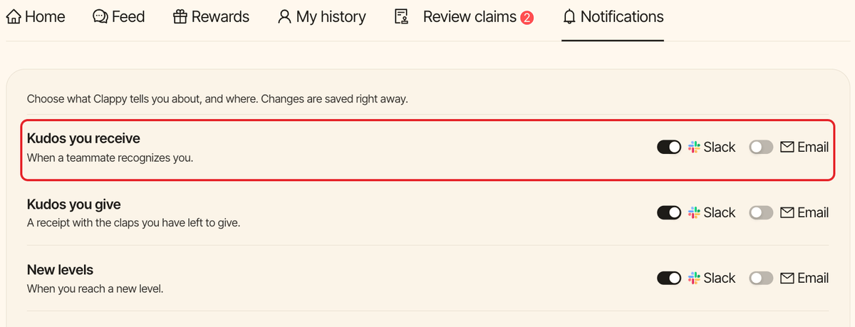 The personal Notifications tab, with the Kudos you receive row highlighted