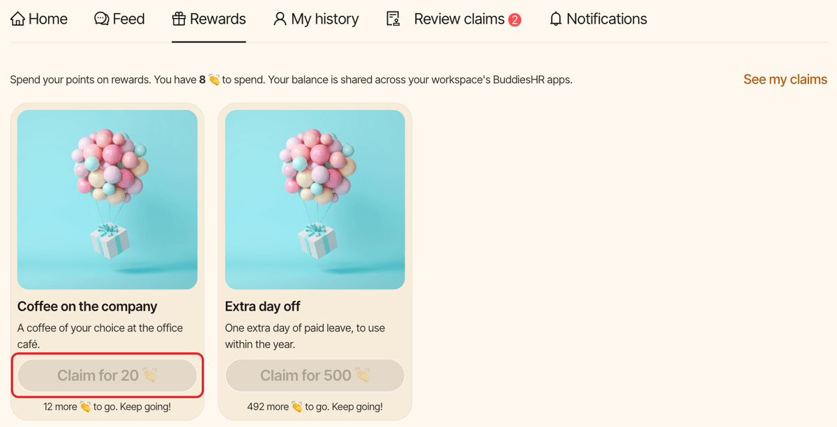 The personal Rewards tab, with the Claim button of a reward highlighted