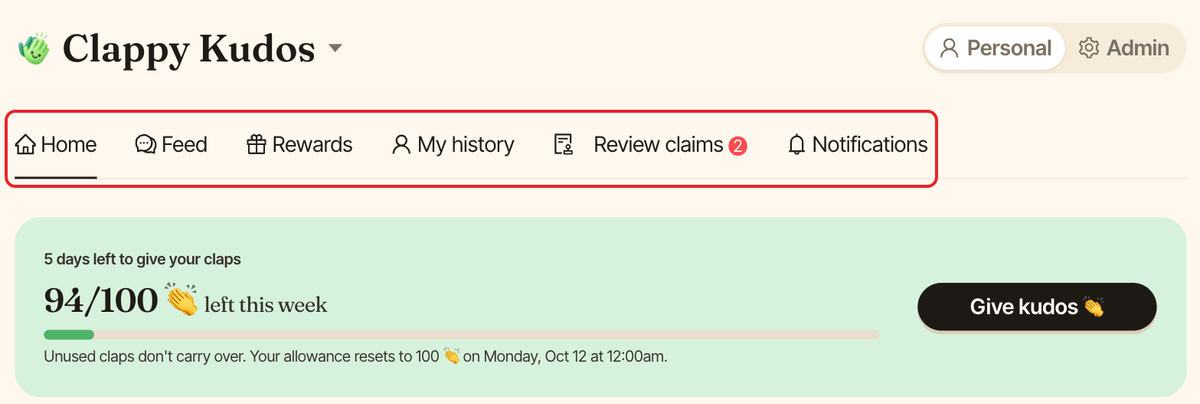 The personal side of Clappy in the web dashboard, with the row of tabs highlighted