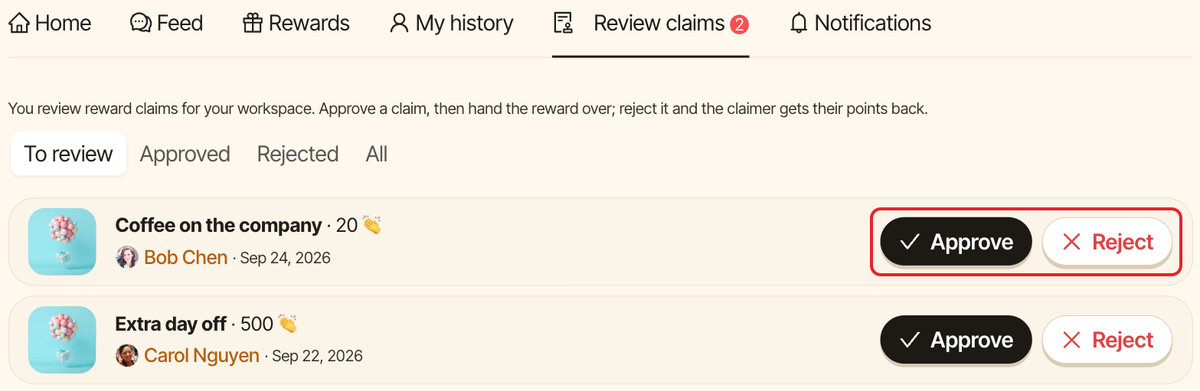 The Review claims tab, with the Approve and Reject buttons of a pending claim highlighted