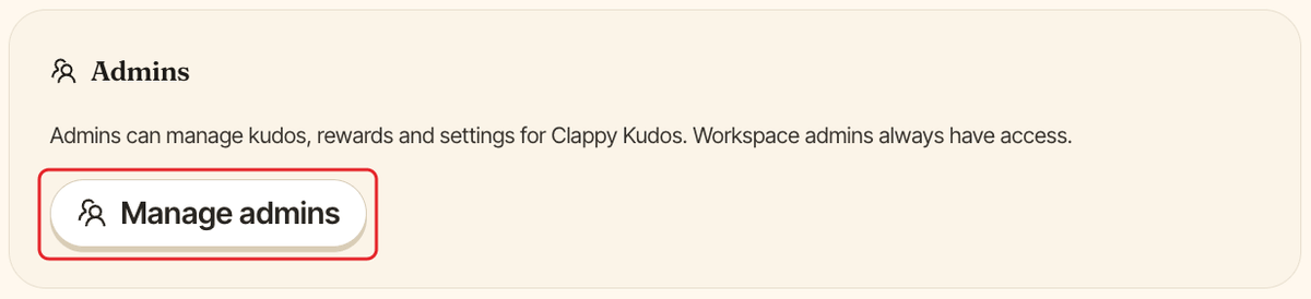 The Admins section of Clappy settings, with the Manage admins button highlighted