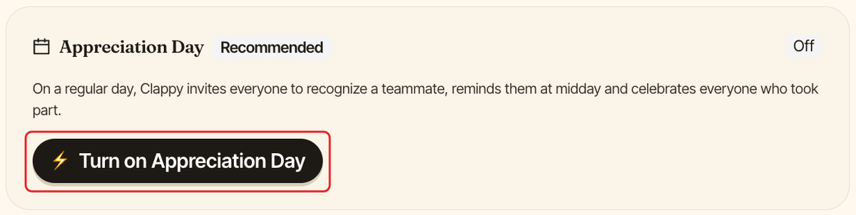 The Appreciation Day section of Clappy settings, with the Turn on Appreciation Day button highlighted