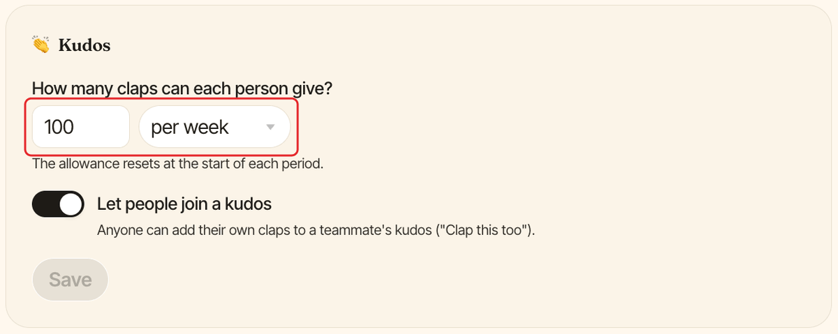 The Kudos section of Clappy settings, with the claps amount and period highlighted