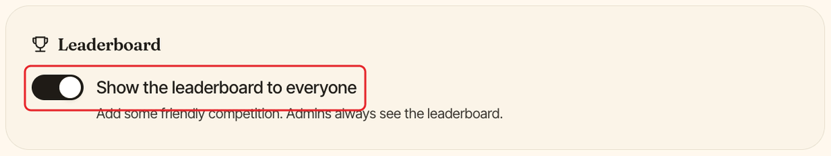 The Leaderboard section of Clappy settings, with the Show the leaderboard to everyone switch highlighted