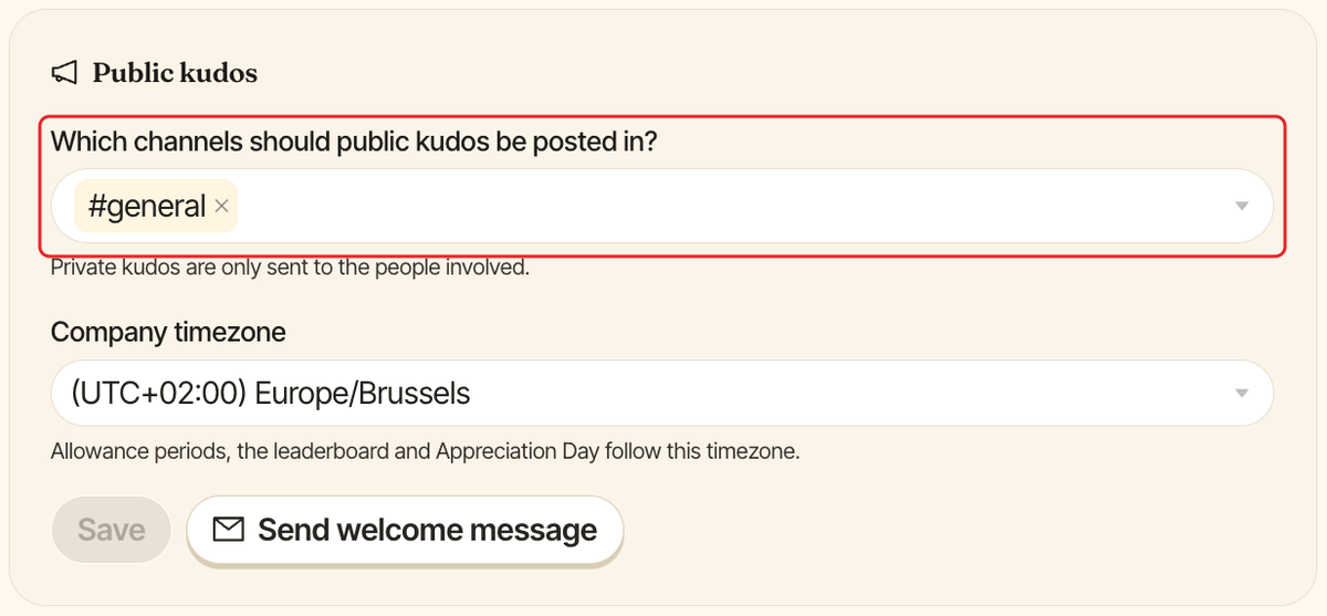 The Public kudos section of Clappy settings, with the channels field highlighted