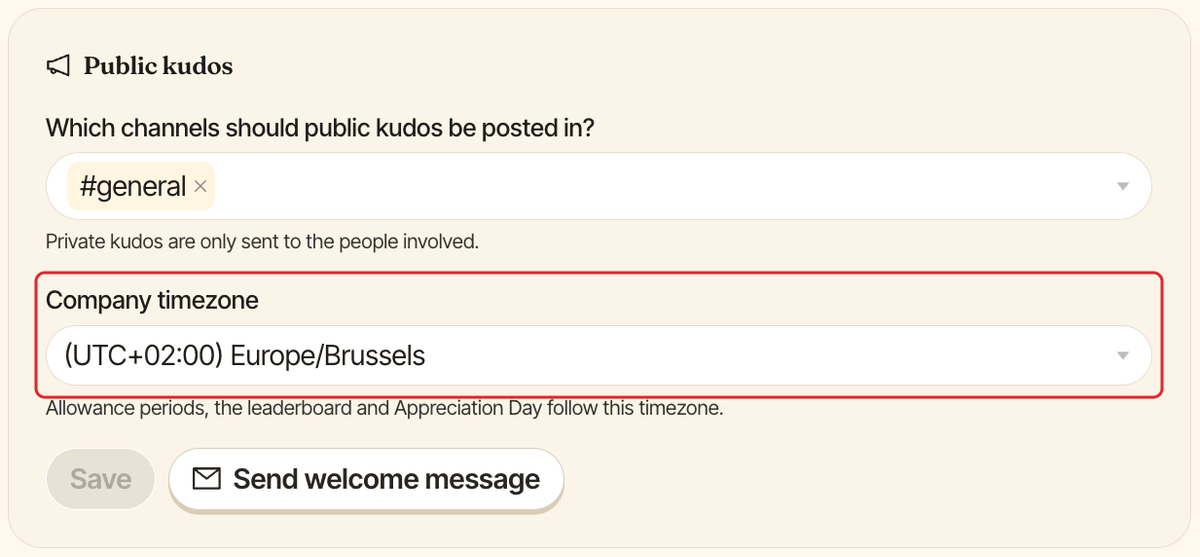 The Public kudos section of Clappy settings, with the Company timezone field highlighted