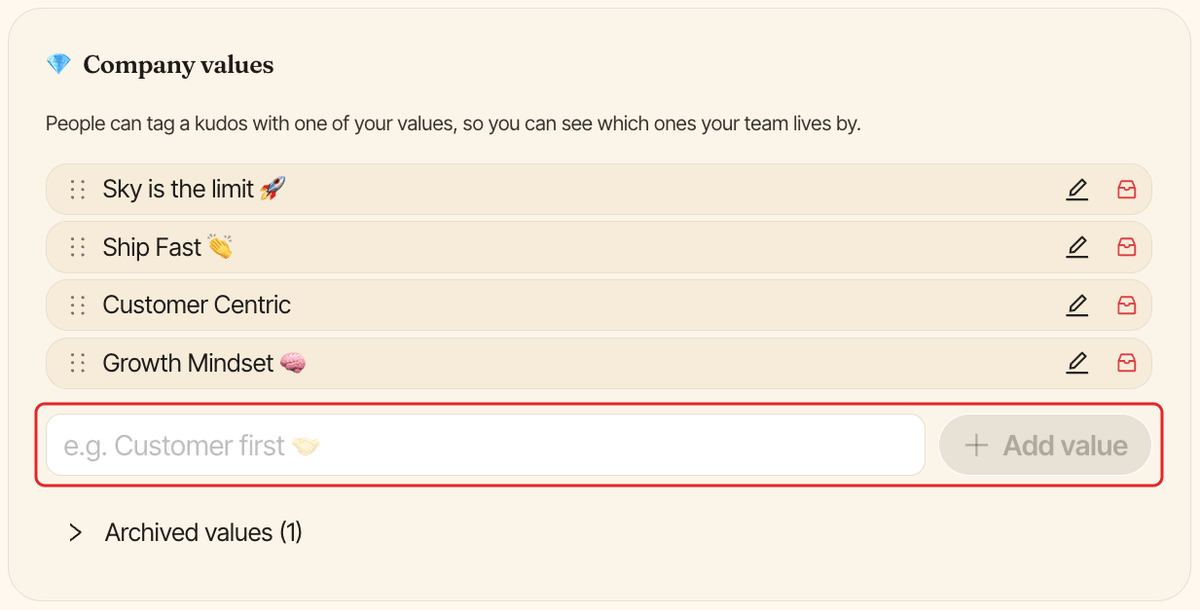 The Company values section of Clappy settings, with the new value field and the Add value button highlighted
