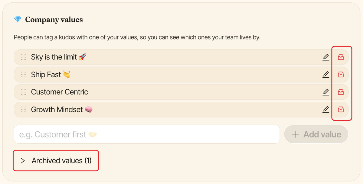 The Company values section of Clappy settings, with the archive icons and the Archived values list highlighted
