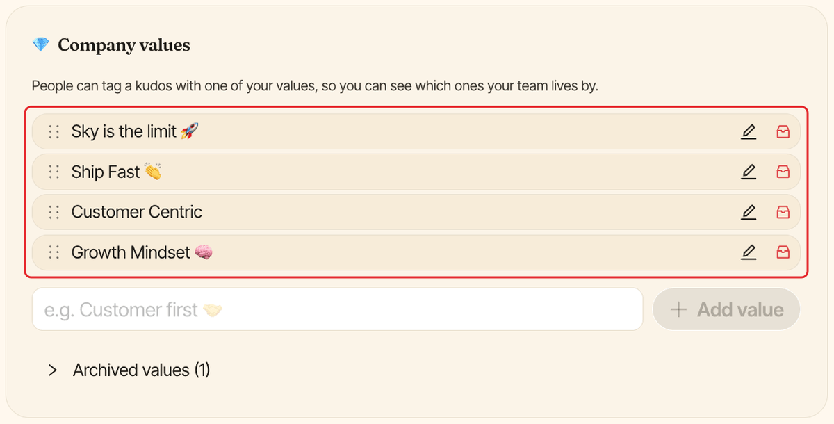The Company values section of Clappy settings, with the list of values highlighted