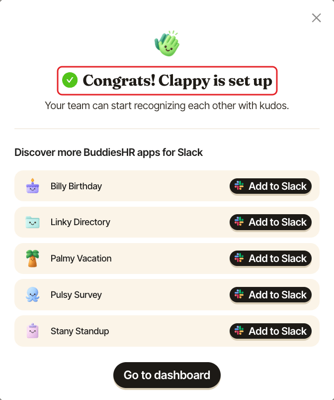 The Congrats! Clappy is set up window, with its title highlighted
