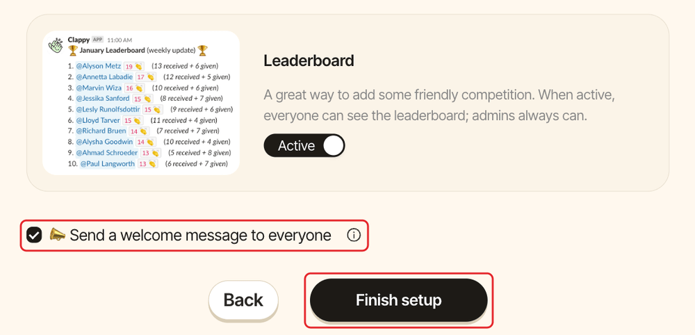 The end of step 3, with the Send a welcome message to everyone checkbox and the Finish setup button highlighted