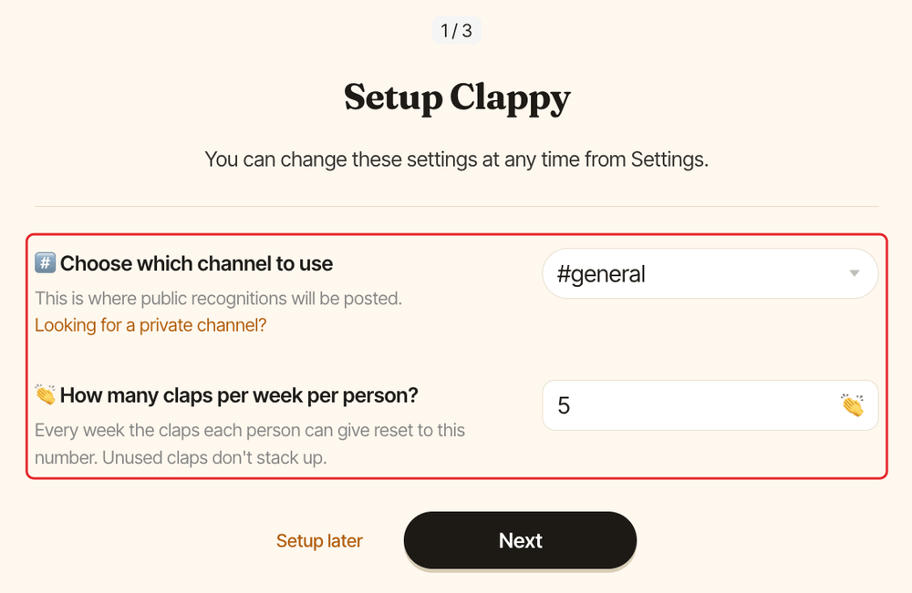Step 1 of the Setup Clappy page, with the channel picker and the claps per week field highlighted