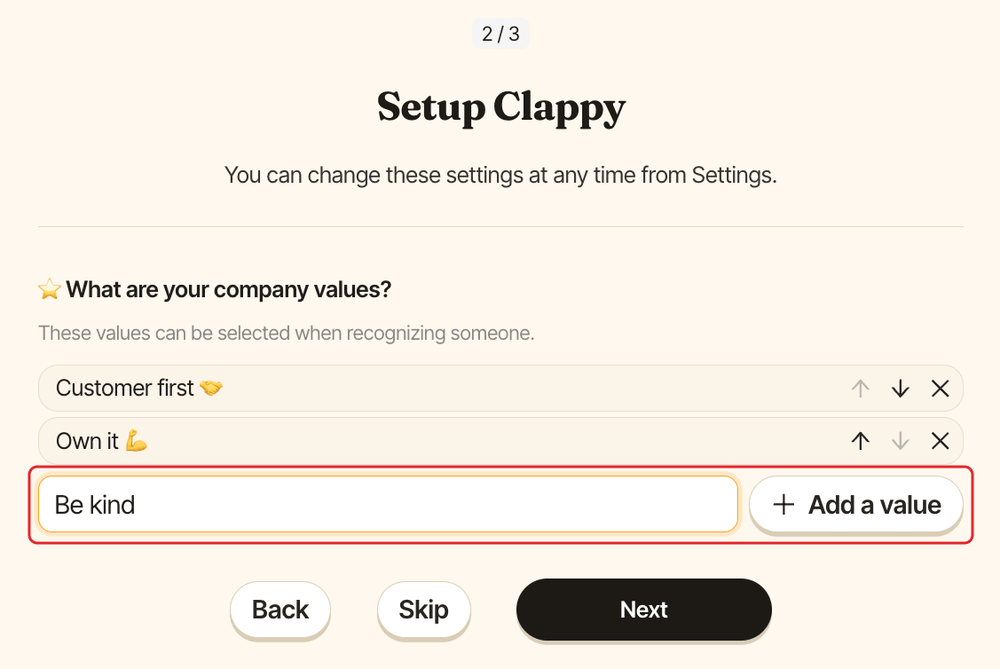 Step 2 of the Setup Clappy page with two values, with the Name a value field and the Add a value button highlighted