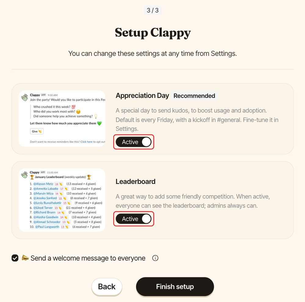 Step 3 of the Setup Clappy page, with the Appreciation Day and Leaderboard switches highlighted