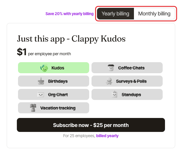 The BuddiesHR subscribe page for Clappy, with the Yearly and Monthly billing switch highlighted