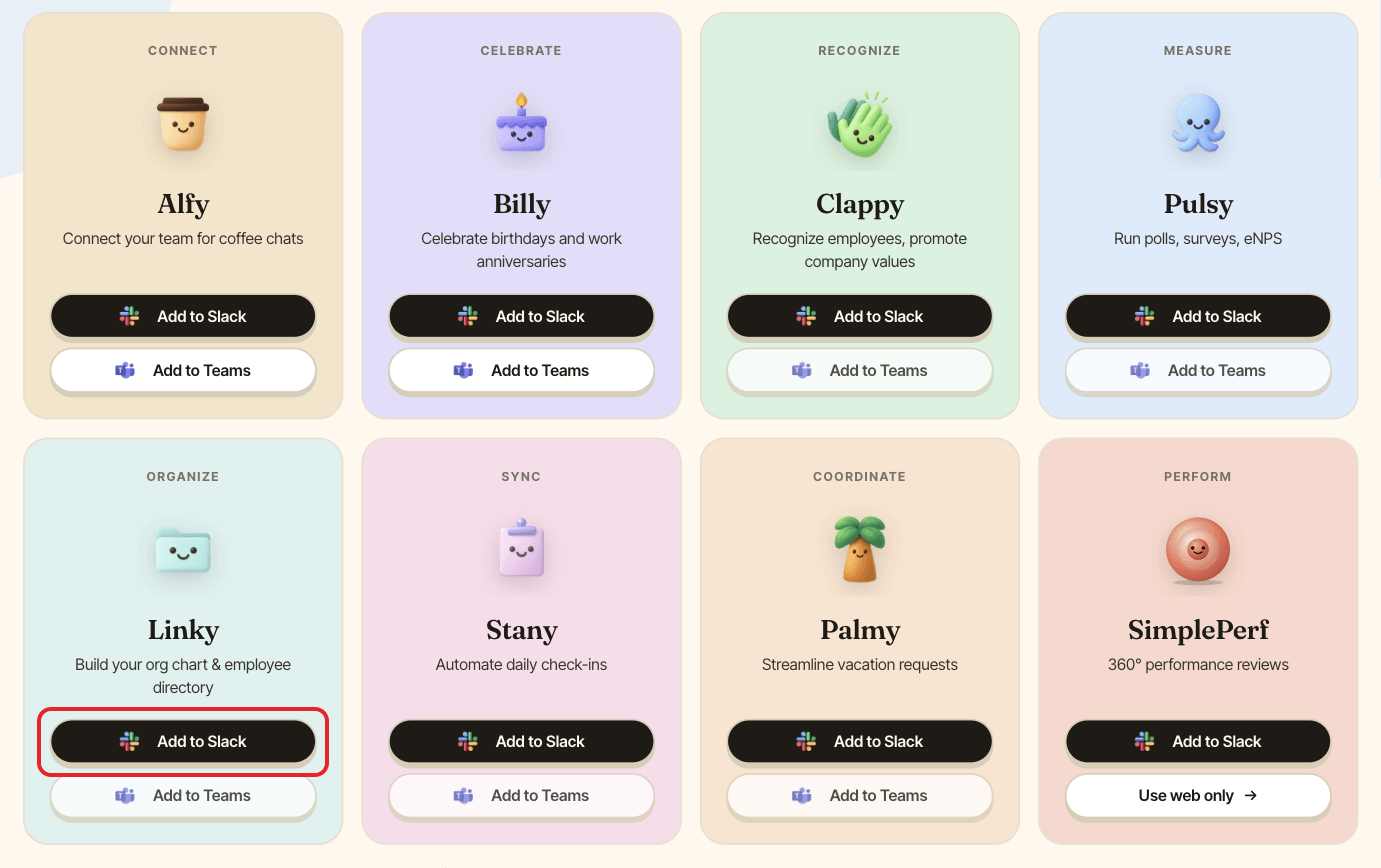 The BuddiesHR Get started page, with Linky's Add to Slack button highlighted