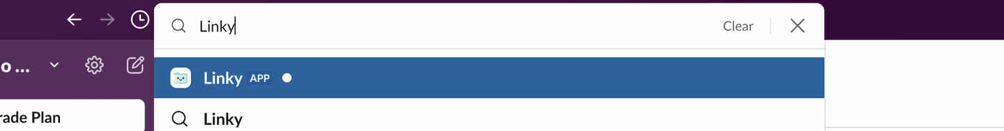 Slack's search bar with "Linky" typed in and the Linky app highlighted in the results