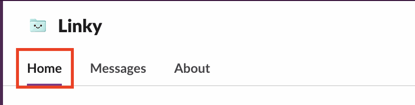 Linky's app page in Slack, with the Home tab highlighted